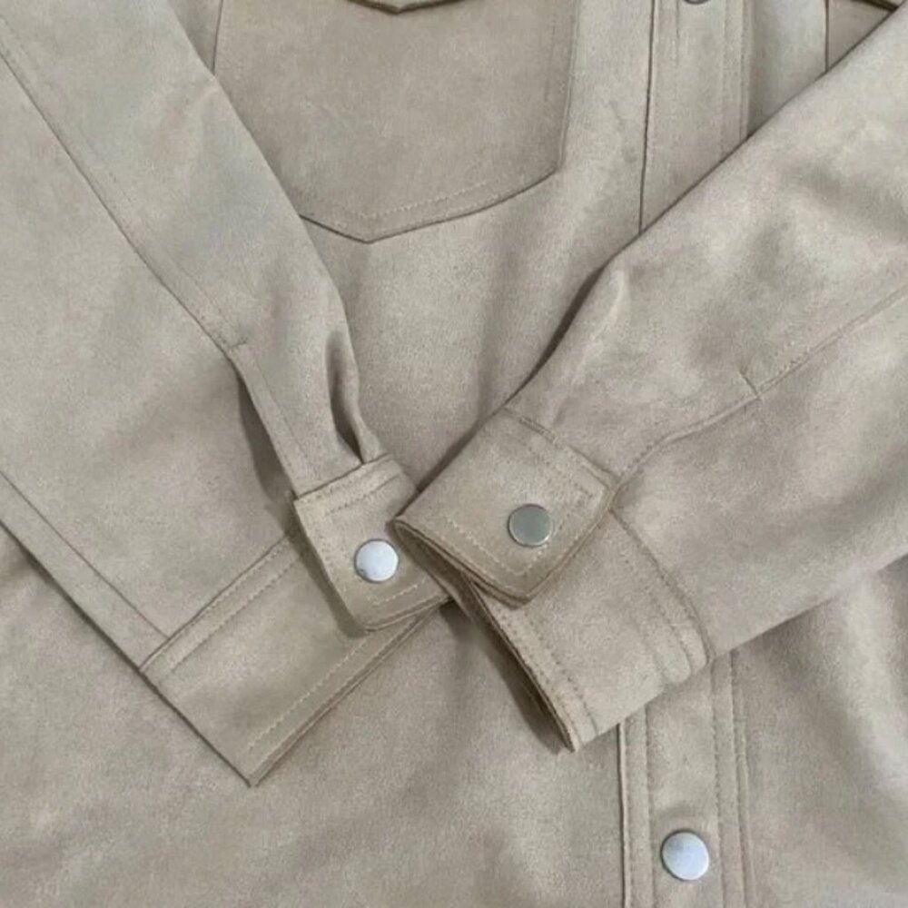 Women Zara Faux Suede Snap Front Shacket Relaxed Fit in Beige Tan Size Small - Picture 4 of 6